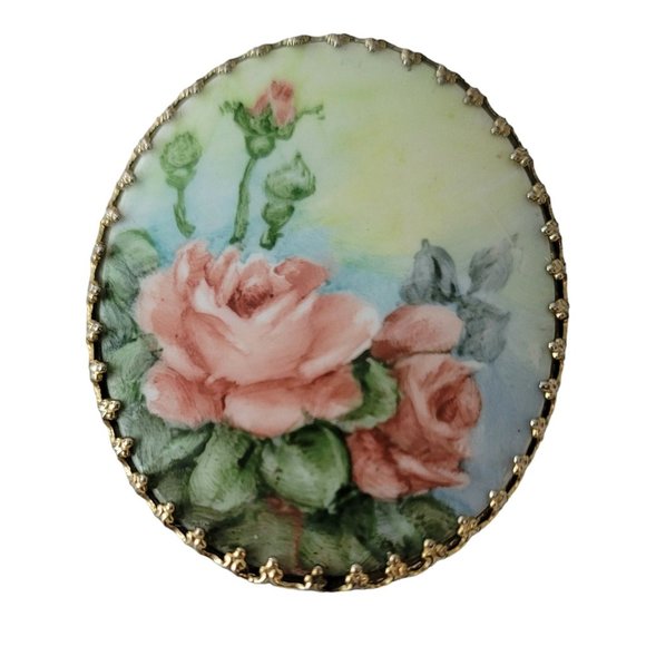 Painted Porcelain Rose Gold Tone Filigree Prong Oval Brooch E497 - Picture 7 of 7